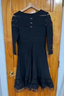 Tadashi Shoji Black Illusion Mesh Stripe Dress Pintuck Pleats Jersey Size Small