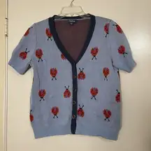 MODCLOTH Blue Ladybug knit short sleeve cardigan sweater top size XL