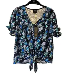 Floral Tie-Front Blouse Blue‎ Green Lavender Short Sleeve Summer Top