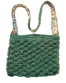 Crochet Tote Bag‎ Green Floral Lined Handmade Shoulder Bag Purse Grannycore Boho