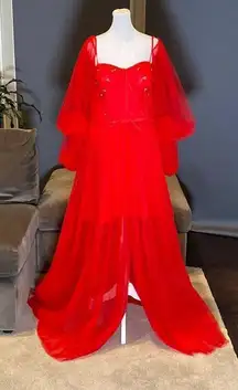 Women’s Red Prom Party Formal Dress With Corset Back and Leg Slit Size 16 NWOT