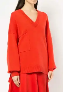 Tibi Cashmere Ribbon Red Orange  V-Neck Pocket Oversized Sweater M/L Knit Cozy