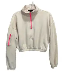 Forever 21 Cream/Hot Pink Crop 1/4 Zip Sweatshirt Size M Long Sleeve‎ Collar