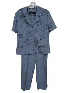 Sag Harbor Shirt Pants Set Women 14 P Petite Blue Floral Tulip Grannycore