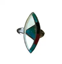 Sterling Silver Vintage , Mother of Pearl Blue Turquoise Mosaic Ring Size 6