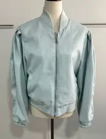 House Of Harlow Size L Pale Blue Vegan Leather Bomber Jacket Trendy Travel Fall