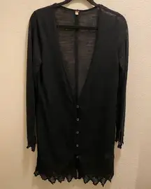 Free People Black Sheer Lace Detail Long Line V-Neck Button Down Cardigan Size M