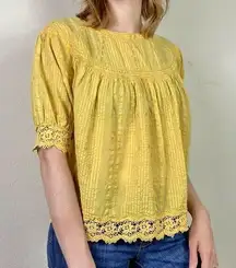 Love Shack Fancy Robin Yellow Boho Embroidered Yoked Crochet Lace Trim Blouse XS