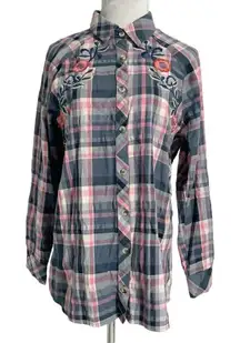 Tolani Collection Small Top Blouse Embroidered Boho Plaid