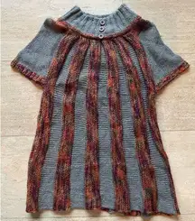 Donnez-Moi Handknit Short Sleeve Sweater Grey & Rust Striped Button‎ Collar m