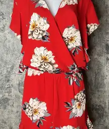 Umgee | Red Floral Faux Wrap V Neck Flutter Hem Shorts Romper Women's‎