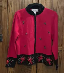 Tiara International Christmas Collection Red Cardigan Sweater Cardinals Holly L