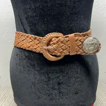 woven tan brown moroccan leather belt with metal engraved detailing S/M