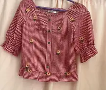 Red Gingham Blouse with Floral Details