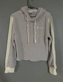 Champion Hoodie Sweatshirt Pull Over Gray Ivory Cropped Teddy Size Large