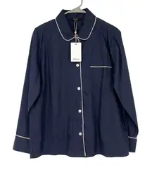 Quince 100% Organic Cotton Pajama Top Womens M Navy Piped Button Sleep Shirt NWT