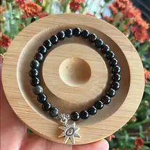 Handmade Black Obsidian Beaded Bracelet with Silver Evil Eye Charm*