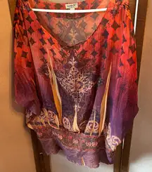 ONE WORLD Red and Purple sheer Patterned Blouse with stretch bottom 1X