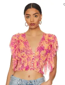 Free People Sugar Top in Hot Tropics Floral Pink Orange Top Fairycore Button NWT