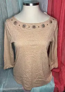 LOFT Beige Embellished 3/4 Sleeve Top