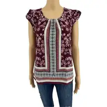 Sweet Wanderer (S) Burgundy Red Floral Boho Blouse Top Cap Sleeve