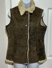 Woolrich Saddle Brown Leaf Embroidered Faux Sherpa Lined Vest Jacket Sz M