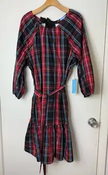 Draper James re, black tartan plaid, belted, semi wrap, full skirt midi dress 2X