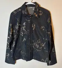 Chicos Denim Jacket Size 1 Beaded‎ Embellished Floral Zip Up Dark Wash