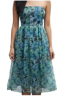 Lulus Strapless Floral Print‎ Midi Dress Teal Blue Green Women's Size Small
