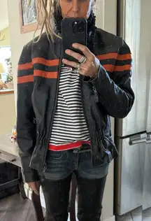 Vintage Black Leather motorcycle Jacket with Orange Stripes