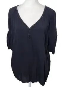 Juicy Couture Black Blouse with Beaded Neckline Size Small Black V-Neck Blouse