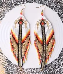 Handmade  Beaded Festival Statement Earrings Boho South Western Tribal Fringe