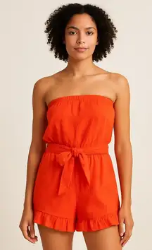 LOFT Beach Floral Embroidered Strapless Romper Red Orange Sz Medium NWT
