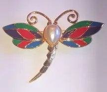 Vintage Gold Tone Colorful Enamel Faux Pearl Dragonfly Brooch Shoulder Pin