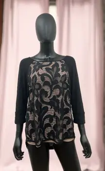 Sweet‎ Grey Black Lace Top L – Rayon/Spandex Nylon Contrast Poly Lining