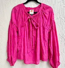 Farm Rio Long Sleeve 100% Cotton Pineapple Embroidered Blouse Pink Women's Small