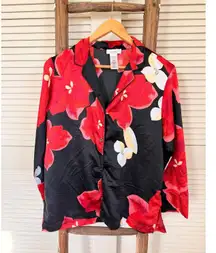 Natori Floral Print Button Down Long Sleeve Top Blouse/PJ top Red Black Size S