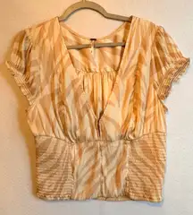 Free People Tiger Print V Neck Smocked Waist Short Sleeve Blouse Top XL