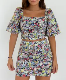 Zara Floral Half Puffy Sleeves Crop Top High Rise Mini Skirt Set Women’s Large
