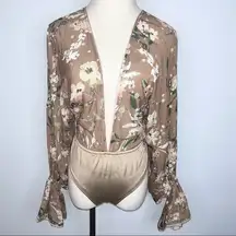 OLIVACEOUS Golden Brown Floral Boho Deep V Neck Cut Bodysuit Small NWOT