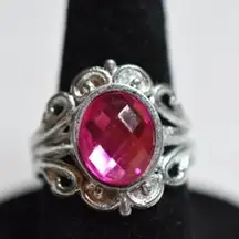 Glam Dark Pink Oval Cut Glass Stone Silver Tone Unique Band Size 7 1/2 Ring