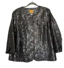 Ruby Rd Jacket Blazer L Size 20W Black Silver Swirl Metallic Button Up Holiday