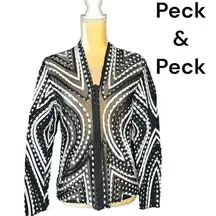 Peck & Peck awesome semi sheer black zip front jacket with white abstract design