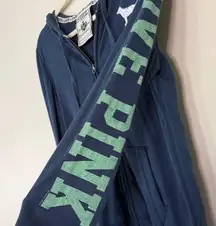 Y2K Victoria's Secret PINK Blue Zip-Up Hoodie with green lettering and heart
