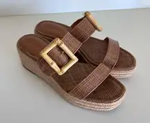 J. McLaughlin Fleur Cuoio Bamboo Buckle Espadrille Platform Slip on Wedge Sandal