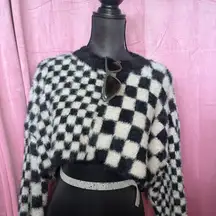 Checkered Cropped Fuzzy Sweater