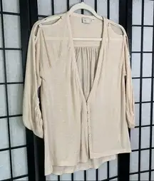 Anthropologie  Cut Out Cold Shoulders V-Neck 3/4 Sleeve Shirt Top Beige Small