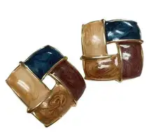 Vintage Marbleized Chunky Woven Square Women's Enamel Gold Tone Stud Earrings