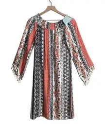 Military Hippie Mutli Color Patterned Striped Long Sleeve Boho Beach Mid Dress