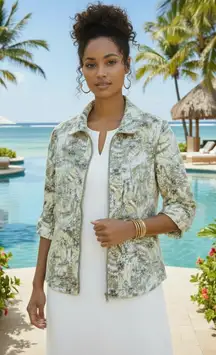 Westbound Women's XL Zip Front Jacket Tropical Leaf Print Resort Ready Coastal
